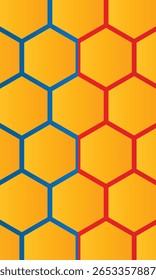 Padrão de plano de fundo cor amarela a laranja nas cores vermelho e azul do hexágono alveolado sem costura. versus fundo