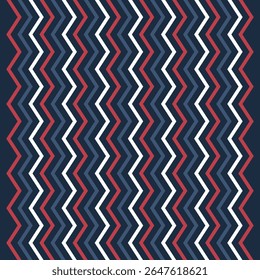Motif d'arrière-plan, lignes harmonieuses zigzag, rayures rouges, blanches et rouges sur fond bleu foncé. Chevron motif géométrique harmonieux.