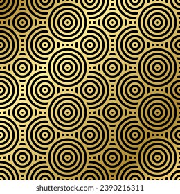Patrón de fondo sin fisuras de lujo negro y línea de círculo de ondas doradas abstracto. Diseño de vector panorámico de línea geométrica para fondo navideño
