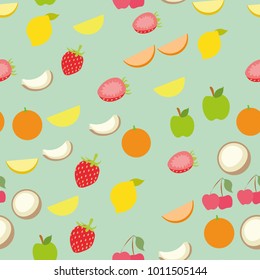 Background pattern set of summer healthy fruits. Abstract design of tasty vitamin symbols strawberry, apple, lemon, cherry, coconut for wallpaper, print or decoration.