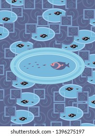 Background pattern in shades of blue made of intersecting geometric shapes and fishes in round frames.Central frame with fishes in lighter colors is bigger than the others.