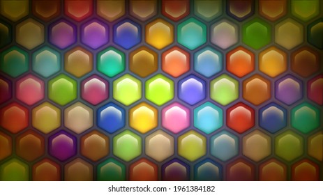 Background with a pattern of shiny multicolored hexagons, colorful honeycomb mosaic