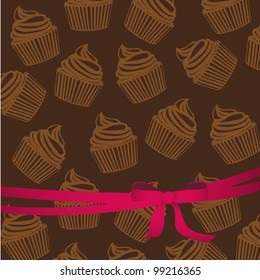 background pattern of silhouettes of cupcakes with ribbon, vector illustration