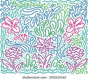 Background pattern: Simple, hand-drawn colorful flowers in a cheerful and flat style. Add a burst of vibrant simplicity to your designs.
