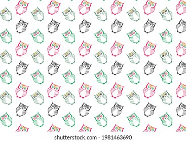 background and pattern of small colored owls. forming texture of small animals for kids