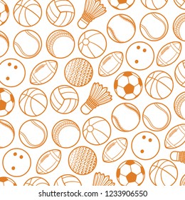 background pattern with sport balls thin line icons (beach, tennis, american football, soccer, volleyball, basketball, baseball, bowling, cricket, badminton)