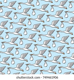 background pattern with storks carrying a baby in its beak