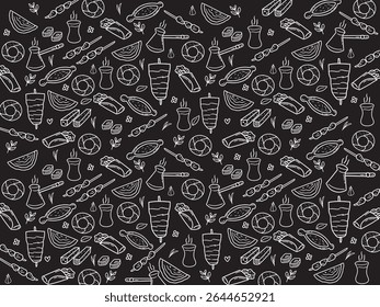 Fondo o patrón con tema de comida turca. Con estilo doodle. Para la distribución, el Sitio web, el Diseño gráfico.