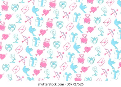 Background pattern of valentine symbols such as heart shaped box, pierced heart by arrow, love letter, gift, rose, cupid bow and arrow, dove and teddy bear ornamental