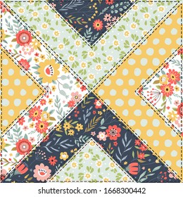 Background pattern in vintage style. Patchwork decorative ornament with floral elements