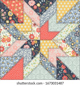 Background pattern in vintage style. Patchwork decorative ornament with floral elements