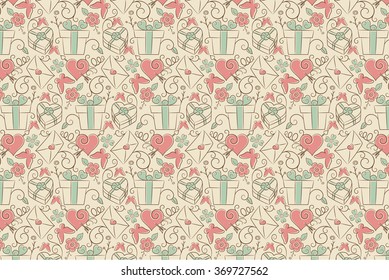 Background pattern vintage of valentine symbols such as heart shaped box, pierced heart by arrow, love letter and gift ornamental