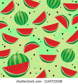 Background pattern with watermelon and seeds on green background, vector illustration