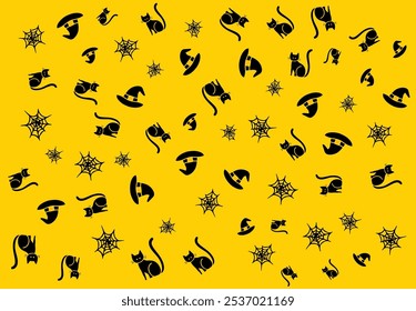 background, pattern, yellow background with elements of different sizes of black cat, witch hat and cobwebs, background for halloween