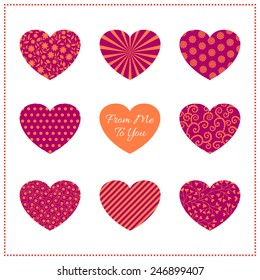 Background with patterned hearts in vibrant colors on white. Can be used as valentine card, greeting card or invitation