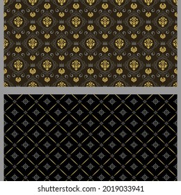 Background patterns with floral elements in retro style. Set. Used colors: black, gray, gold, wallpaper. Seamless pattern, texture. Vector illustration
