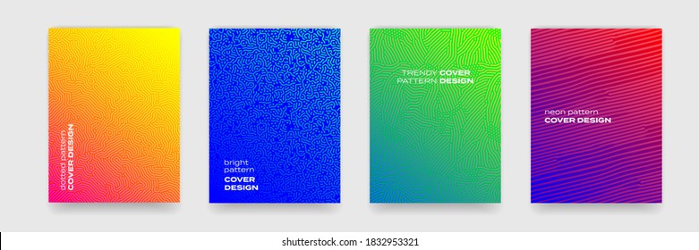 Background patterns with geometric color gradient, abstract vector design. Fluid color, Memphis and jumble maze art line patterns and color gradient on purple, blue, green backgrounds, templates