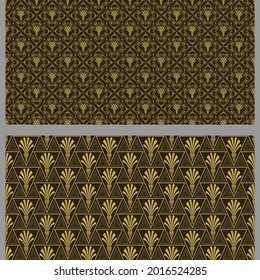 Hintergrundmuster mit goldenem geometrischem Ornament auf schwarzem Hintergrund. Nahtloses Muster, Textur. Set. Vektorgrafik