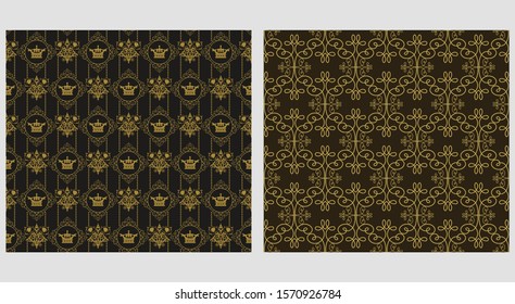 Background patterns in retro style. Seamless vector backgrounds. Wallpaper texture. Colors image: gold, black. Ornate graphic design. Graphic royal pattern.
