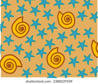 Hintergrund mit Mustern von Meerestieren, Seestern und Schnecken. Vektorgrafik