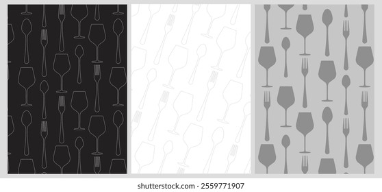 Background patterns with silhouettes of cutlery and wine glasses. vector