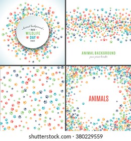 Background with paw prints. Set of patterns with animal paws. Free hand style illustration design. Dog or cat pet footprints. Place for your text. Mammal track. Wildlife concept. Footstep. Vector