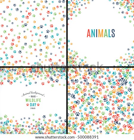 Background with paw prints. Set of patterns with animal paws. Free hand style illustration design. Dog or cat pet footprints. Place for your text. Mammal track. Wildlife concept. Footstep. Vector