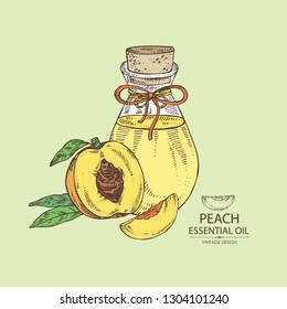 Background with peach and bottle of peach essential oil. Cosmetic, perfumery and medical plant. Vector hand drawn