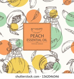 Background with peach and bottle of peach essential oil. Cosmetic, perfumery and medical plant. Vector hand drawn