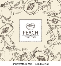 Background with peach and peach slice background. Vector hand drawn illustration