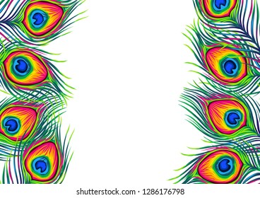 Background with peacock feathers. Color hand drawn exotic bird plumage.