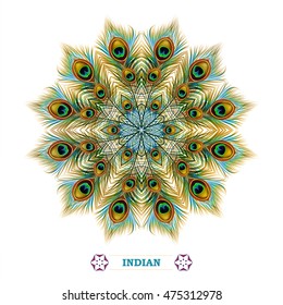  Background of peacock feathers, mandala. Ornament beautiful card in India style. Pattern round design. Vector illustration.