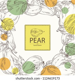 Background with pear: fruit, leaves, flower and pear slice. Vector hand drawn illustration.