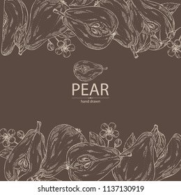 Background with pear: fruit, leaves, flower and pear slice. Vector hand drawn illustration.