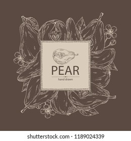Background with pear: fruit, leaves, flower and pear slice. Vector hand drawn illustration.