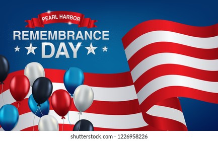 background pearl harbor remembrance with American flags, balloons in red, white, black and blue. vector eps 10