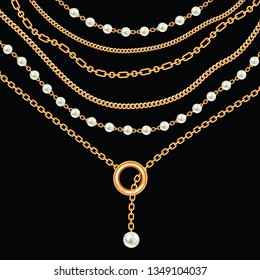 Background with pearls and chains golden metallic necklace. On black. Vector illustration