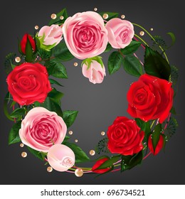 Background with Pearls. English roses. Wreath of roses. Trendy Design springtime template of vintage invitation.