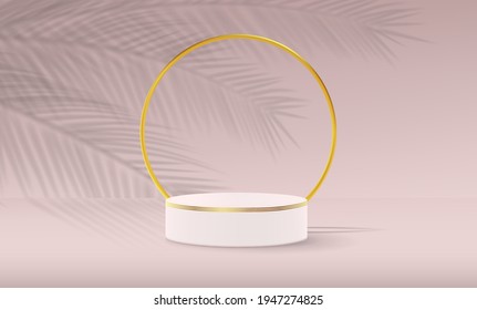 Background with a pedestal for product demonstration, framed by a gold ring with a plant shadow in a minimalist style