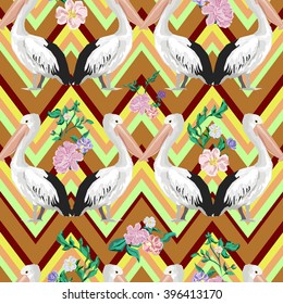 Background pelican and flowers, textile design, print fabric.