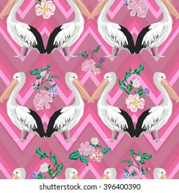Background with pelicans and flowers, textile design, print fabric. seamless pattern.