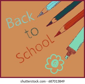 Background with pencils and marker and text Back to School. Vector illustration