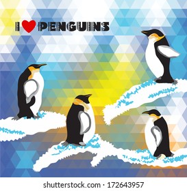 Background  with penguins and a triangular design. Winter theme. 