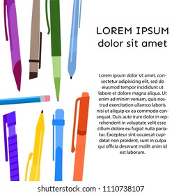 Background with pens, pencils and place for your text. Vector illustration.
