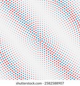 Background with pentagonal stars. Blue and red colors over white background like colors US flag. Abstract halftone illustration.