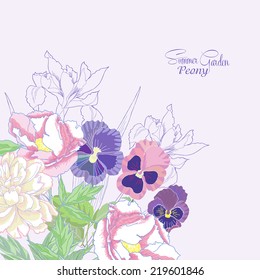 Background with peonies,  irises and pansies