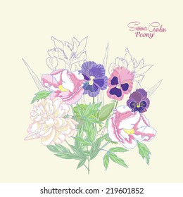 Background with peonies,  irises and pansies