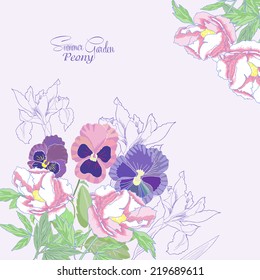 Background with peonies,  irises and pansies
