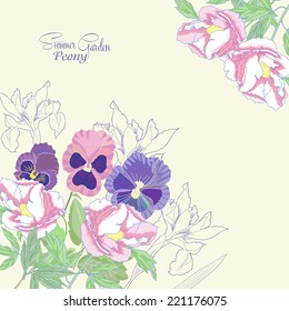Background with peonies,  irises and pansies