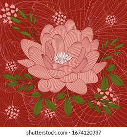 Background with peony and branches with leaves